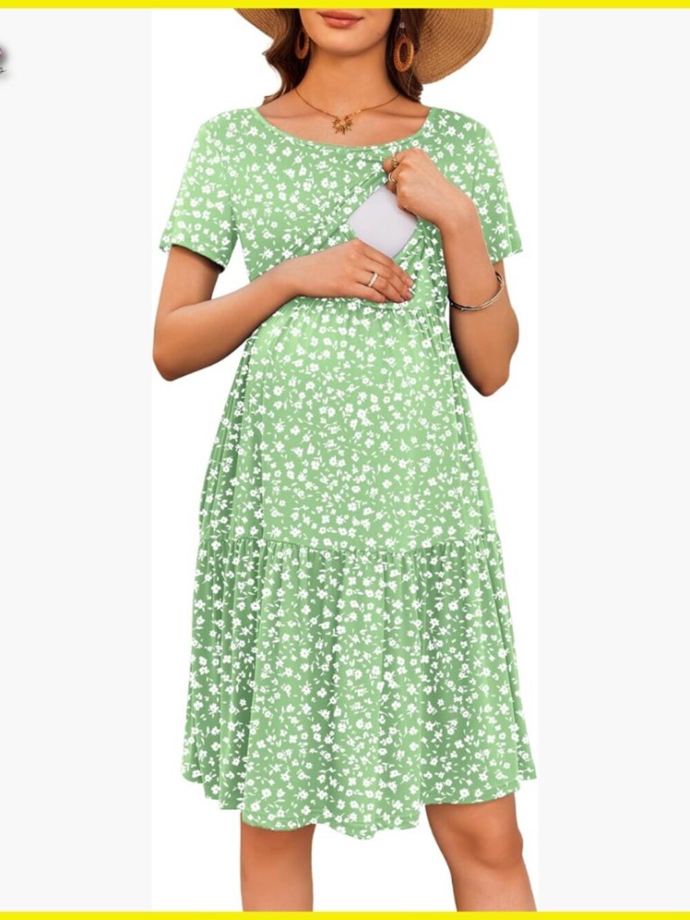 Floral Print Nursing Dress Short Sleeve Loose Fit Maternity Summer Casual